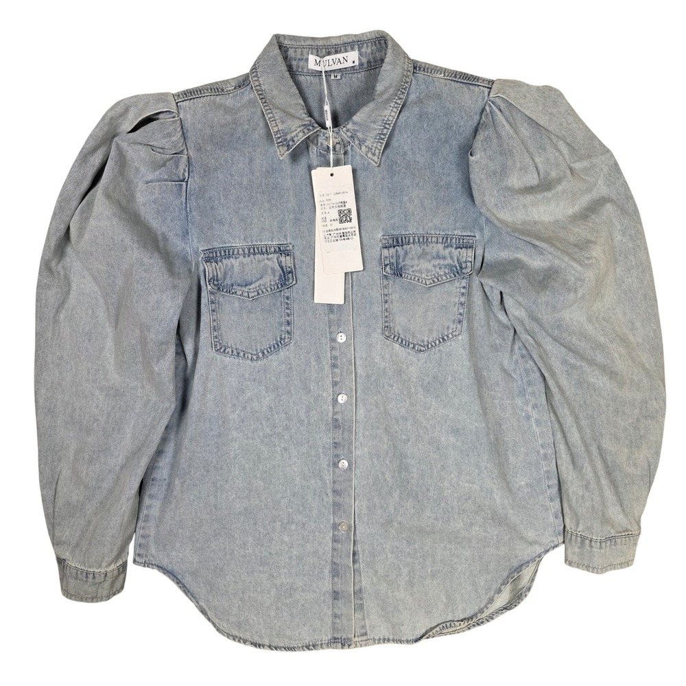 Mulvan Denim Long Sleeve Button up Shirt Women M Blue NWT Cinched Shoulders Edgy